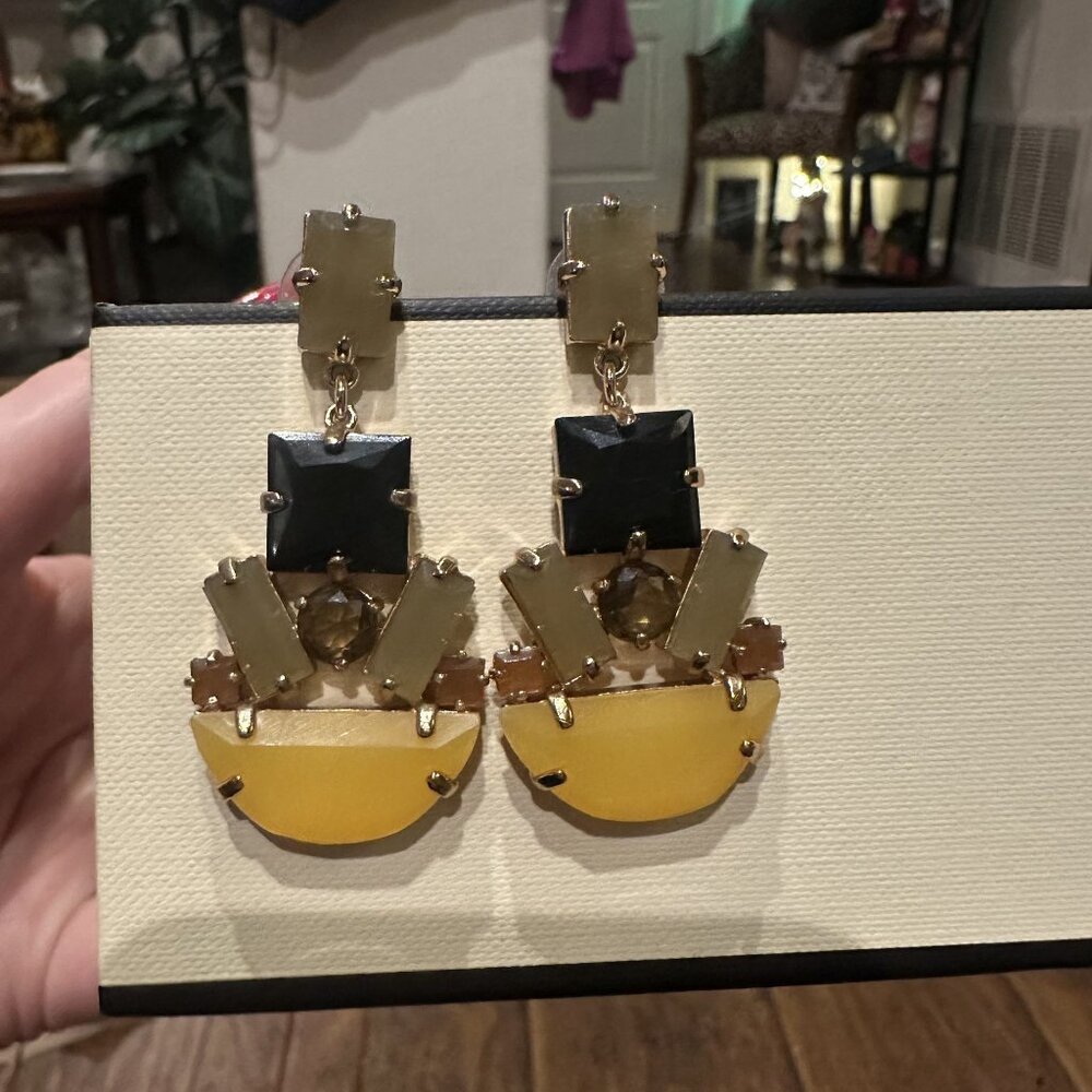 Geometric Multi-Stone Drop Earrings In Yellow Black & Gold-Tone Design